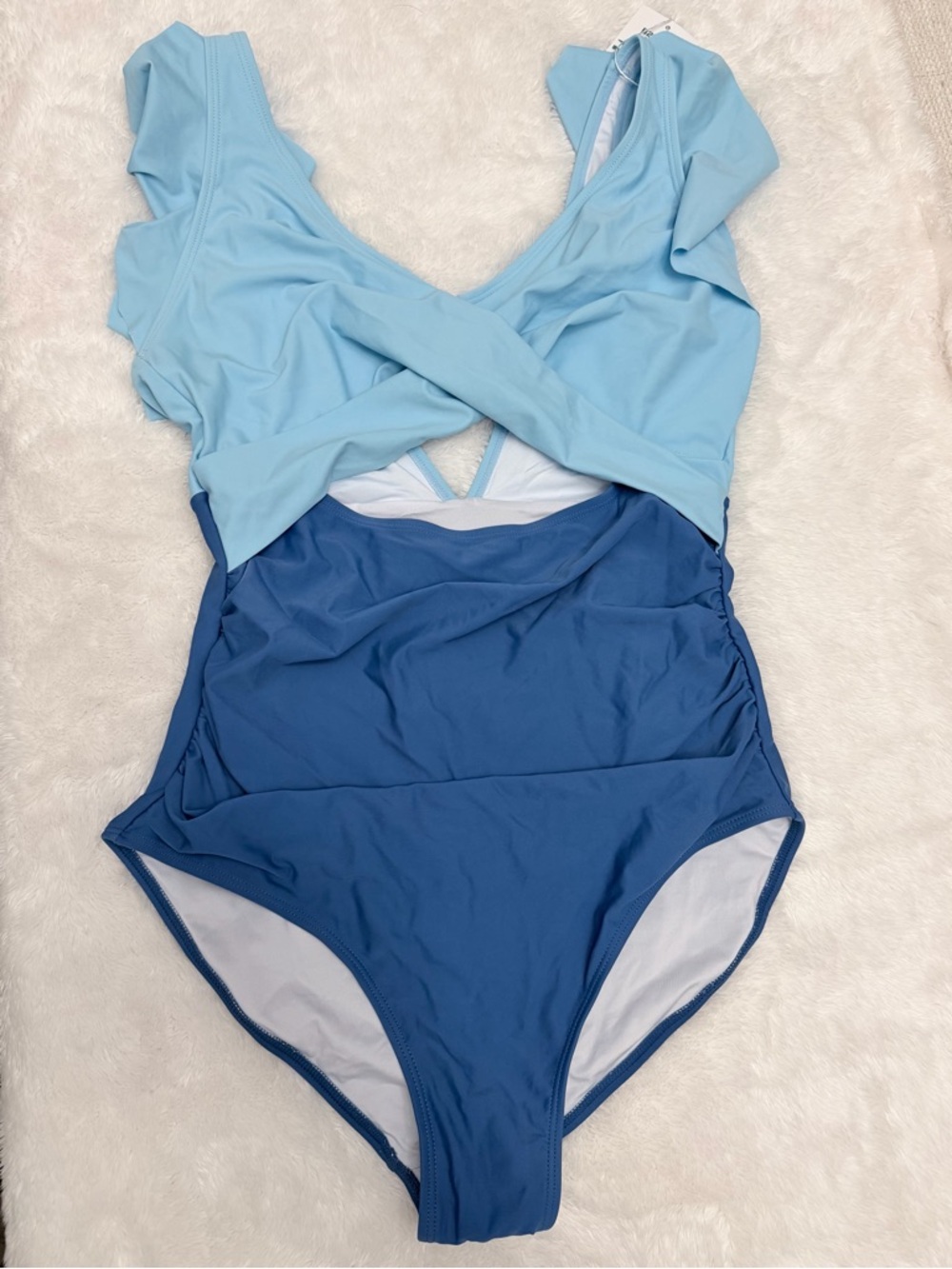 Light Blue & Blue Cross-Front Women's Swim Bodysuit